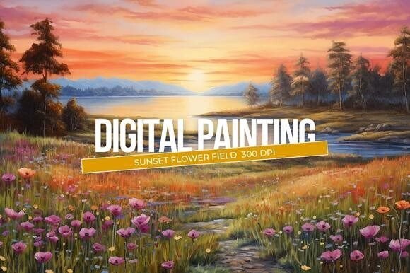 Download Sunset Flower Field Digital Painting - Digital painting Collection
